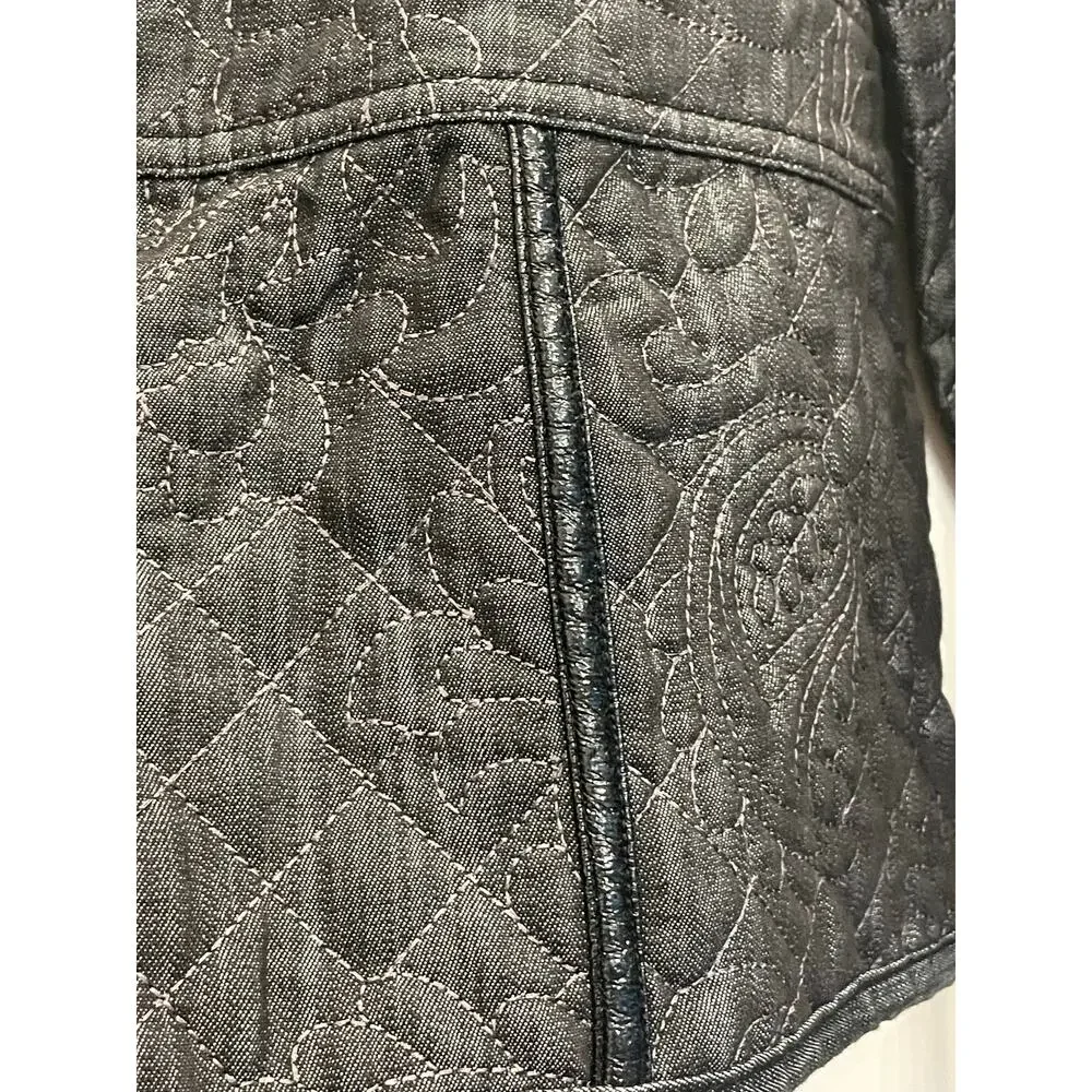 Chico's Charcoal  Black Floral Quilted Jacket Blazer 3/XL Faux Leather accents
